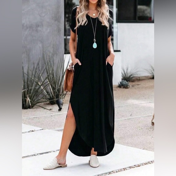 V neck short sleeve maxi dress slits with pockets black - Picture 1 of 4